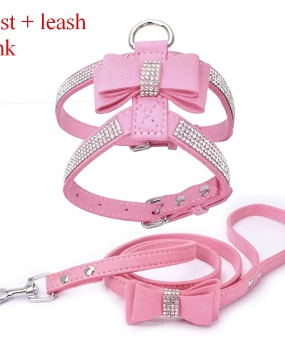 Pet Harness Leash With Rhinestone Bling Crystal Adjustable Chest Strap Soft Suede Bow Leather High Quality Drop Shipping