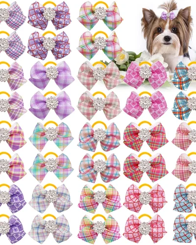 30PCS Handmade Pet Bow With Rubber Band Movable Dog Bow Band Drill Hair Accessories Plaid Pattern Pet Dog Grooming Accessories