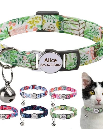Custom Nylon Cat Collar Cute Print Kitten Cats Collars Quick Release Nylon Pet Necklace With Bell Adjustable for Cats Puppy Pink