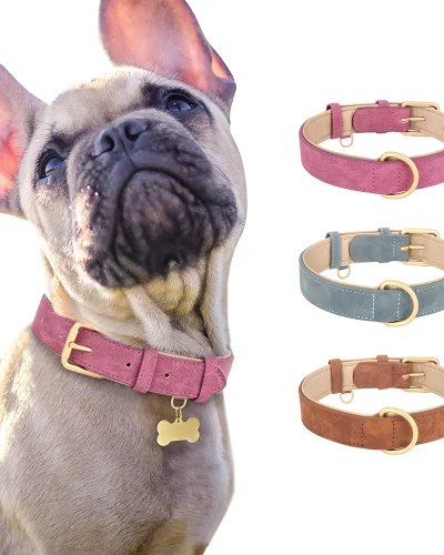 Adjustable Dog Collar Sude Leather Pet Collars Soft Leather Padded Dogs Necklace Collar for Small Medium Large Dogs Pitbull Pink