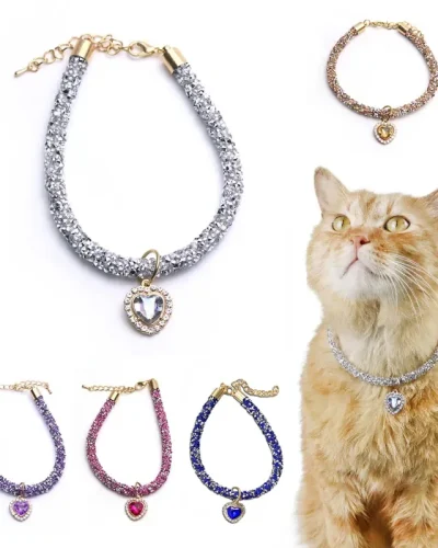 Sparkling Crystal Luxury Cat Collar with Heart Gemstone Pendant, Reflective Rhinestone Necklace for Cats, Puppy Pet Accessories