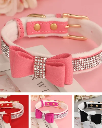 Warm Fur Dog Bow Collar Suede Leather Puppy Dogs Collars Rhinestone Bowtie Pet Necklace for Small Medium Dogs Cats Chihuahua