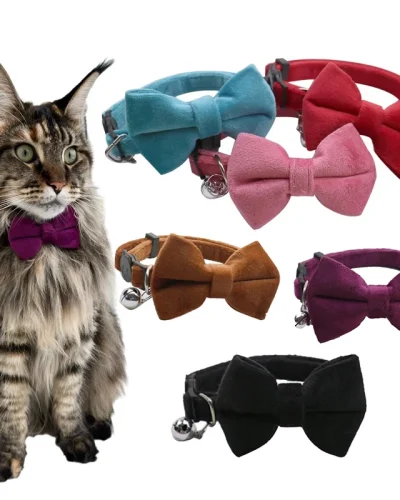 Velvet Bowknot Cat Collar Adjustable Safety Buckle Kitten Puppy Bow Tie Solid Color Cats Collar with Bell Pets Accessories