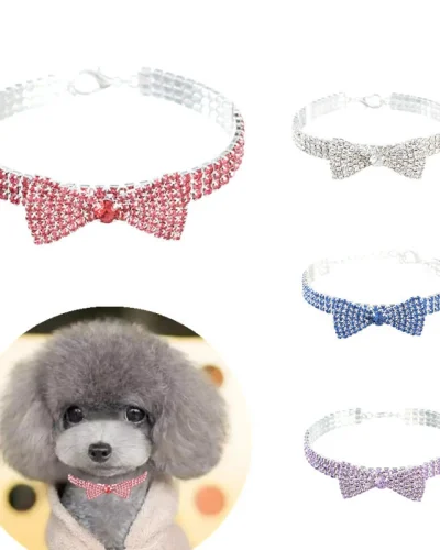 Zircon Bow Tie Pet Cat Necklaces Adjustable Medium Puppy York Dog Collar Silver Durable Neck Wear Metal Summer Pet Accessories