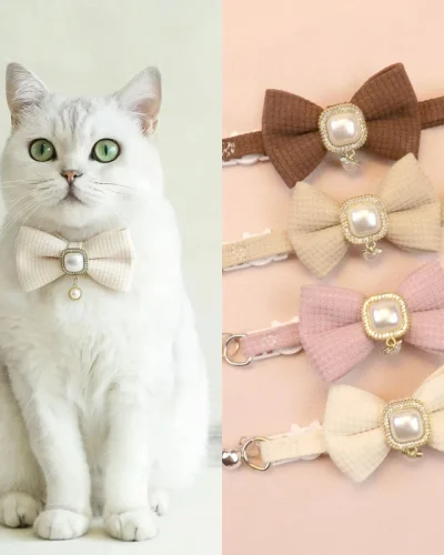 2024 New 20-35cm Adjustable Waffle Cat Collar Vintage Pearl Pendant Pet Collar Cute Bow Bell Small Dog Collar