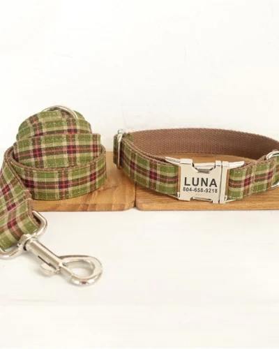 Personalized Pet Collar Customized Nameplate ID Tag Adjustable Soft Green Brown Suit Plaid Cat Dog Collars Lead Leash