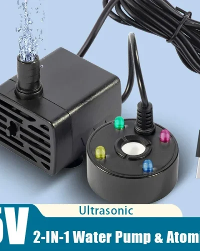 2-IN-1 USB 5V Water Pump Ultrasonic Atomizer Mist Maker Fogger for Pond Garden Rockery Fountain Fish Tank Landscaping Humidifier