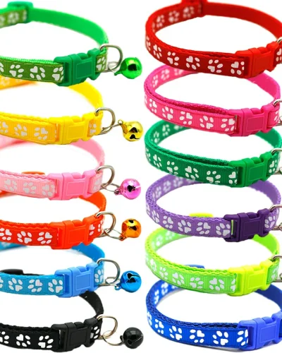 Pet Collar With Bell Cartoon Footprint Colorful Dog Puppy Cat Accessories Kitten Collar Adjustable Safety Bell Ring Necklace Pet