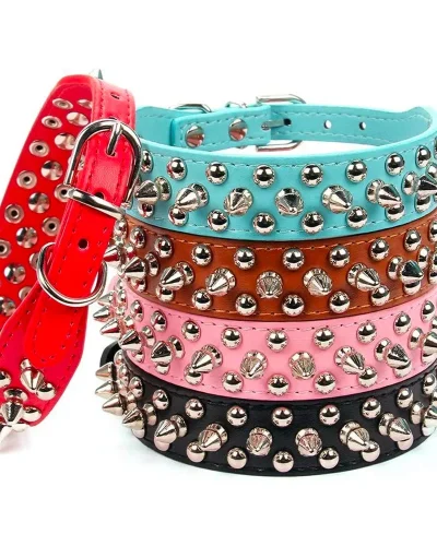 Adjustable Leather Pet Dog collar Neck Strap Supplies PU Leather Punk Rivet Spiked Dog Collar Pet Collars For Small Dog Cat
