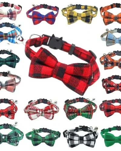 Pet Breakaway Cat Collar Bow Tie and Bell Cute Plaid Christmas Red Elastic Adjustable Dog Collar With Sash Small Bell For Cats